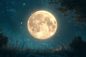 Fototapeta premium Full Moon Over Night Field Under Starlit Sky