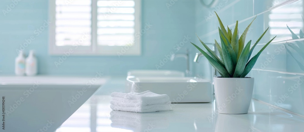 Poster empty table in bathroom with bokeh background