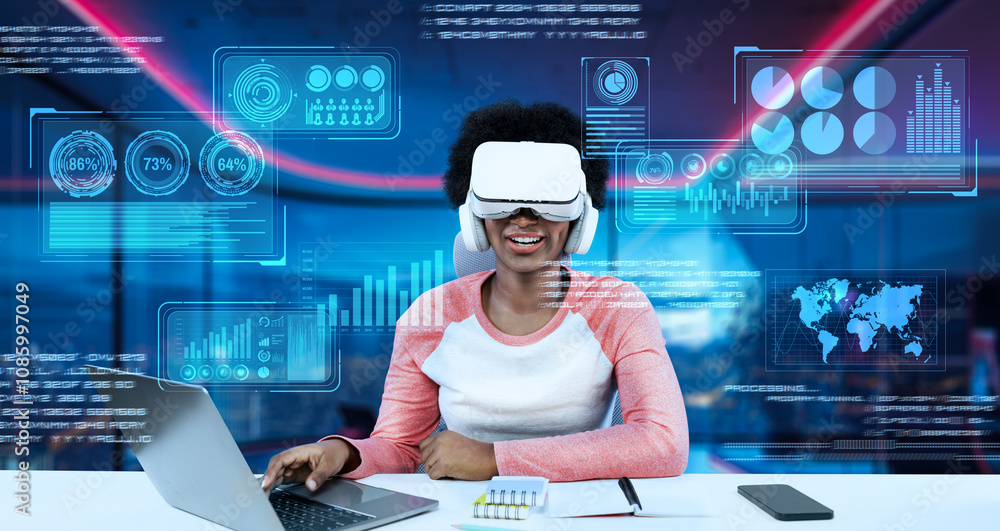 Poster girl using laptop and augmented glasses connecting metaverse while doing homework at table by using 