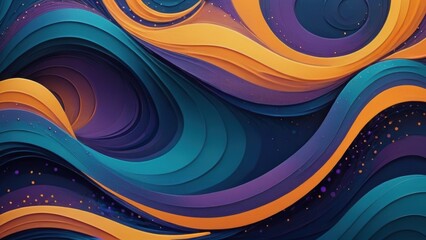 Abstract layered waves in vibrant orange, teal, and purple tones.