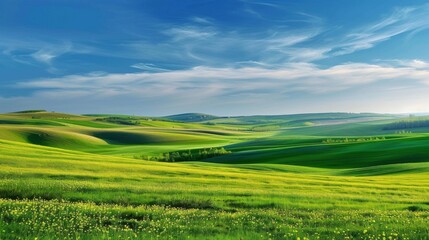 Obraz premium Tranquil Scene: Bright Blue Sky over Fresh Green Grass Field