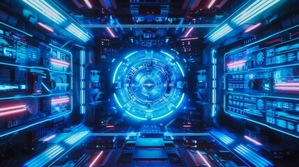 Obraz premium Cutting-Edge Control Room with Central Holographic Interface