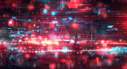 Obraz premium Tech-Infused Justice: Binary Code and Scales of Justice