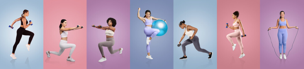 A group of energetic women participates in various fitness exercises, showcasing strength and flexibility in vibrant, colorful settings during daytime workouts.