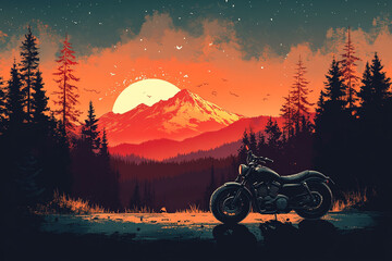 Sunset Mountain Motorcycle Forest Scene