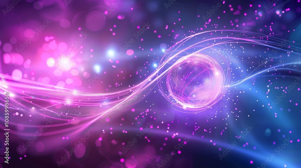 Poster network elements connected to luminous sphere in vibrant colorful setting