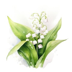 Charming depiction of lily of the valley flowers in soft watercolor, highlighting intricate details and fresh greenery. Ideal for floral designs, artistic projects, and nature inspired decor.
