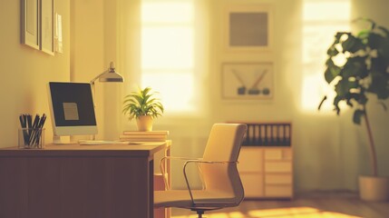 Fototapeta premium Bright and Inviting Home Office Space with Modern Desktop, Stylish Chair, Green Plant, and Warm Natural Light Streaming Through Windows