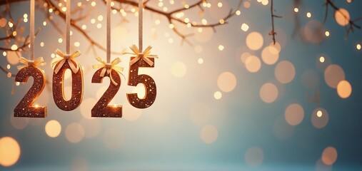 New Year decorations with glittering numbers 2025 and warm lights hanging from a tree branch, celebrating the arrival of the new year
