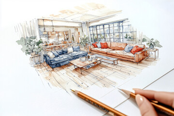 Sketching pad with pen and pencil showing a watercolor-style design for a modern living room. Soft tones and clean lines create a simple, fresh space for home decor