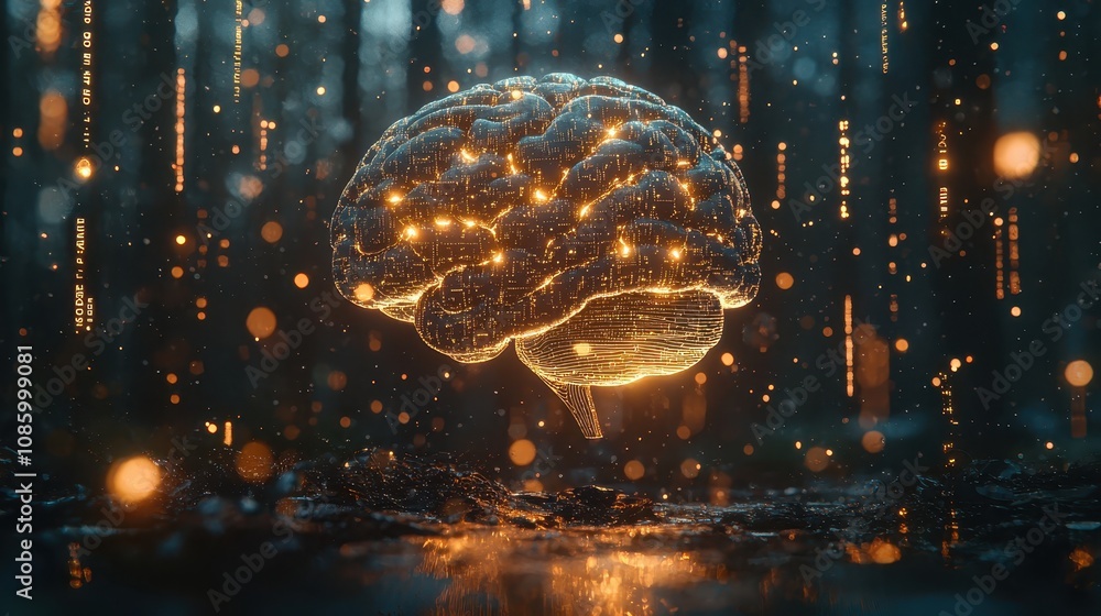 Poster ethereal 3d render of a glowing brain in a dark forest with digital particles representing knowledge