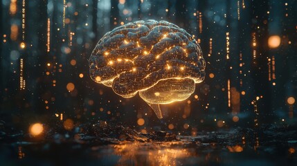 Ethereal 3D Render of a Glowing Brain in a Dark Forest with Digital Particles Representing Knowledge, Technology, and Creativity Surrounded by Nature