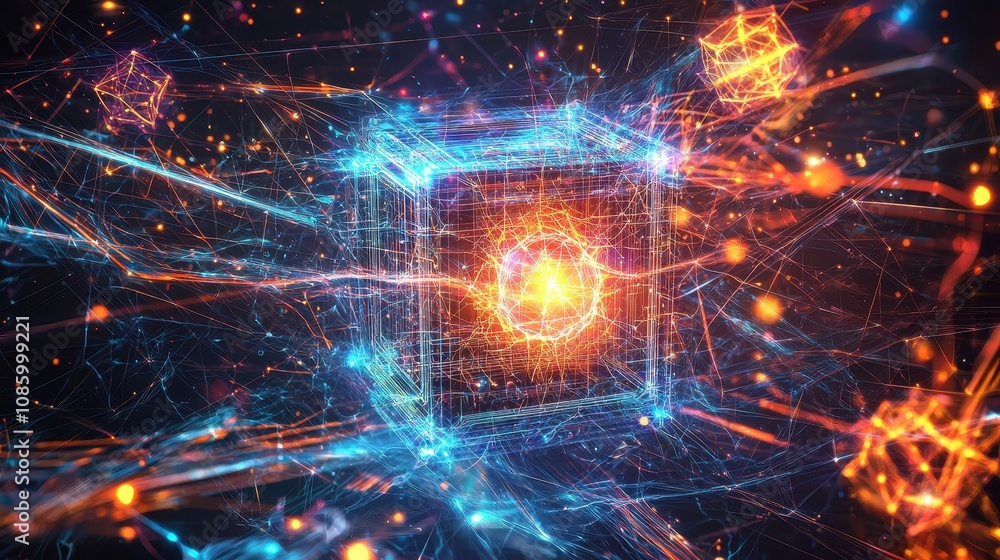 Poster futuristic digital cube surrounded by vibrant energy particles in a stunning abstract background of 