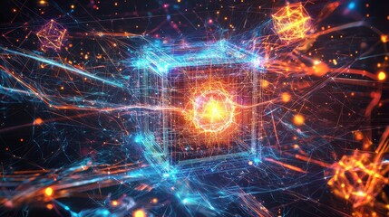 Fototapeta premium Futuristic Digital Cube Surrounded by Vibrant Energy Particles in a Stunning Abstract Background of Light Trails and Glowing Elements Representing Innovation and Technology