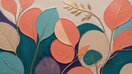 Modern abstract botanical artwork with vibrant leaves in coral, teal, and gold accents on a textured background.