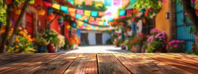 Fototapeta premium Blurry Background of Colorful Street Decor Behind Wooden Tabletop