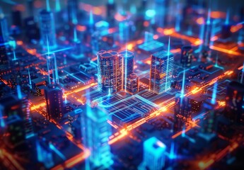 Fototapeta premium Urban Center Simulated as a Digital Twin with Striking Blue Pathways and Edges