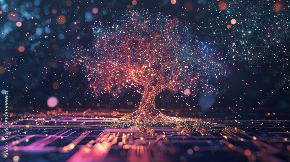 Aufkleber futuristic digital tree illuminated with colorful particles against a high-tech background represent
