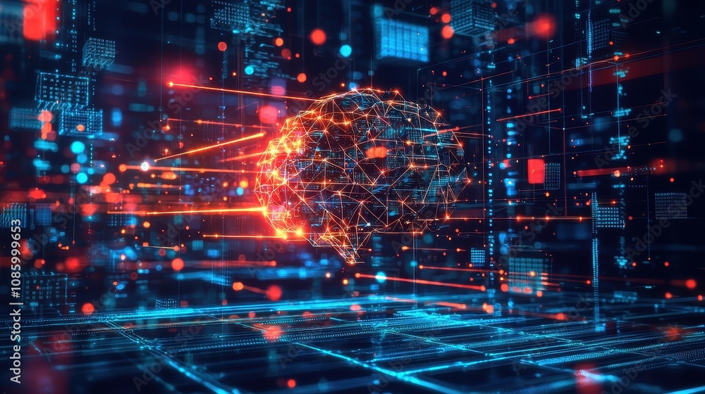 Poster abstract representation of a digital brain with glowing connections amid a futuristic data environme