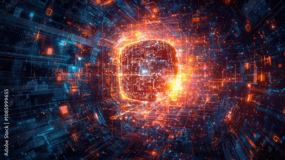 Poster abstract futuristic background with glowing digital cube surrounded by vibrant particles and interco