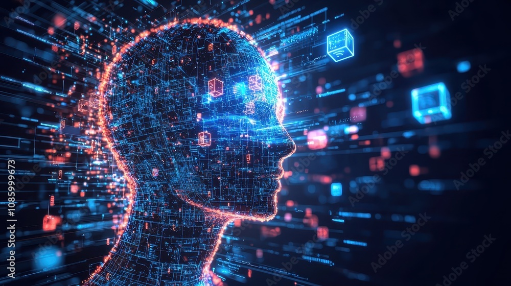 Poster futuristic visualization of a human head surrounded by digital data streams and geometric shapes rep