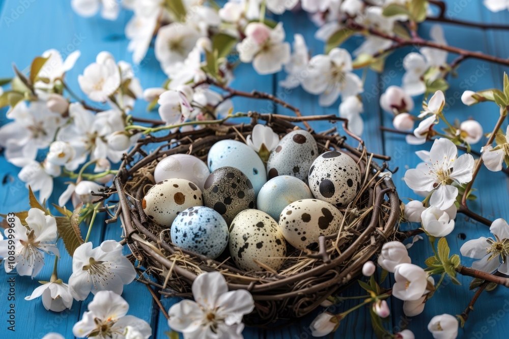 Poster a nest containing eggs situated on a blue table