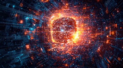Fototapeta premium Abstract futuristic background with glowing digital cube surrounded by vibrant particles and interconnected lines representing technology and data transfer