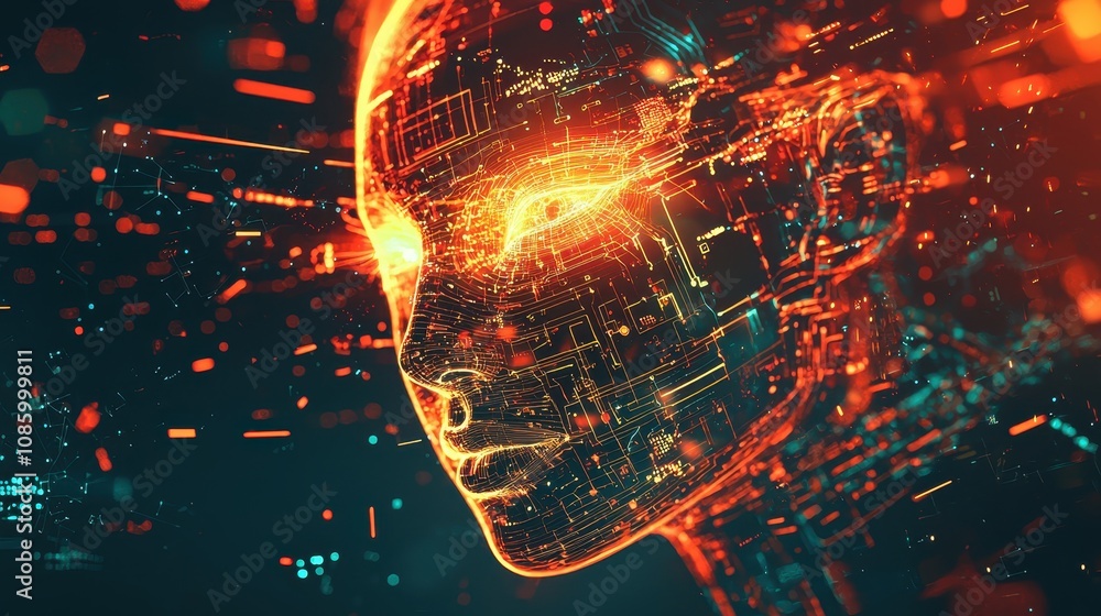 Poster futuristic ai face with glowing features and digital circuitry, showcasing the intersection of techn