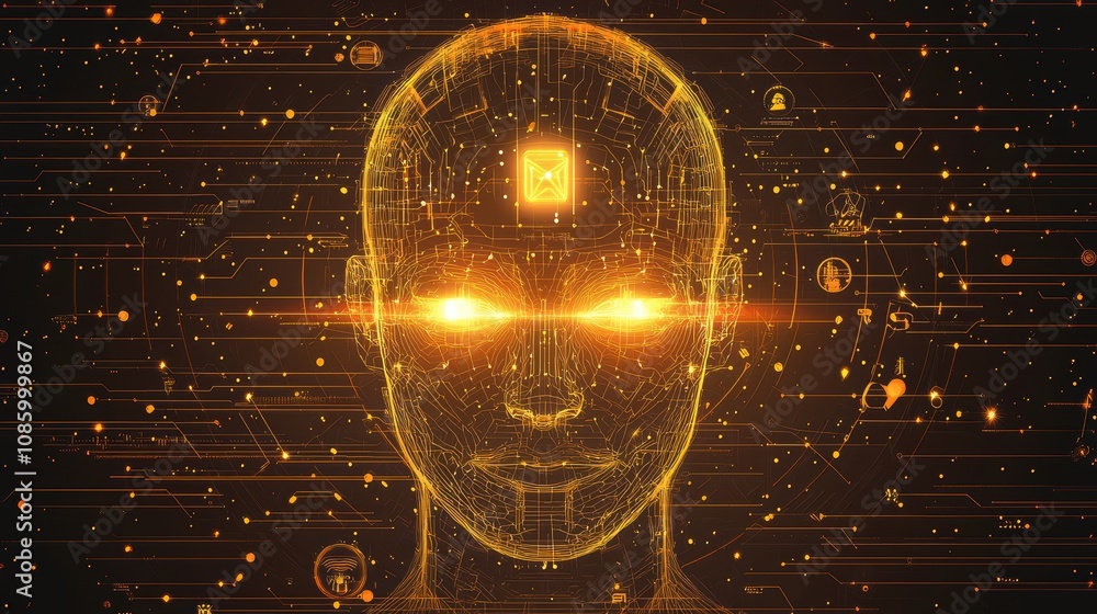 Poster futuristic digital human head illuminated with glowing circuitry and data streams representing artif