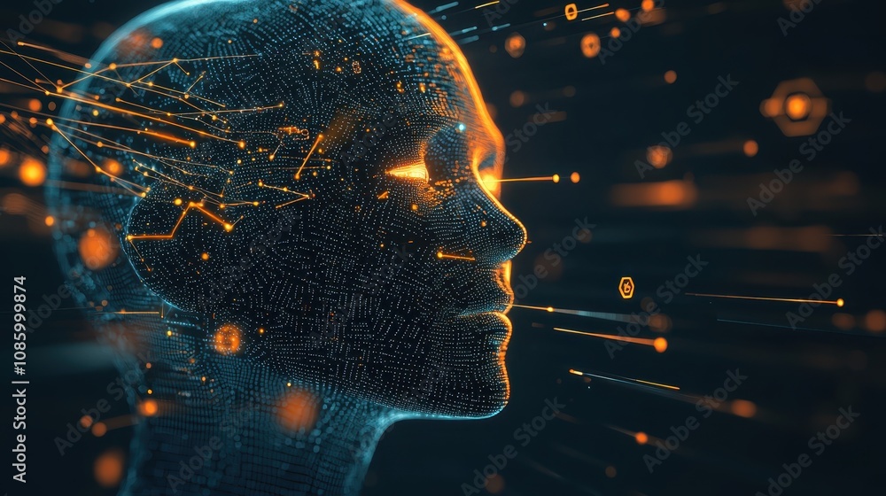 Poster abstract digital representation of human head with glowing network connections illustrating artifici