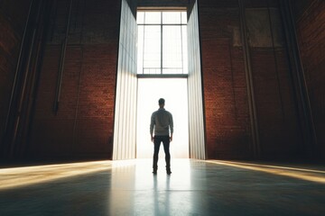 Fototapeta premium A person standing in front of a window in a modern building, possibly contemplating or thinking