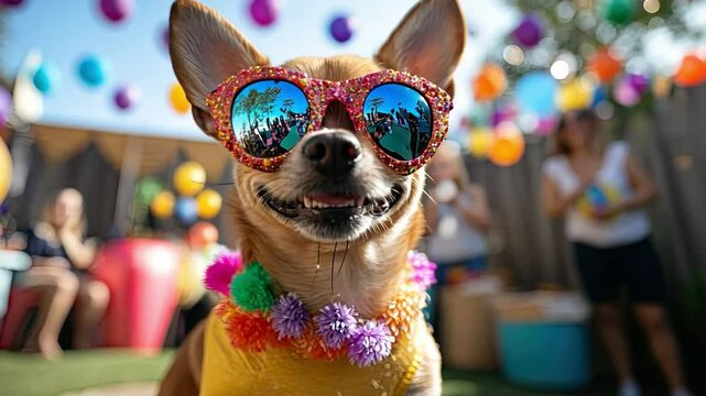 Party Pup: A cheerful Chihuahua in sunglasses and festive attire enjoys a vibrant outdoor party.  