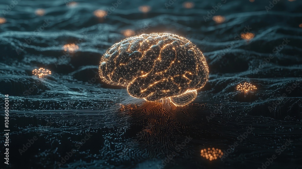 Poster glowing neural network: a conceptual representation of artificial intelligence and the human brain, 