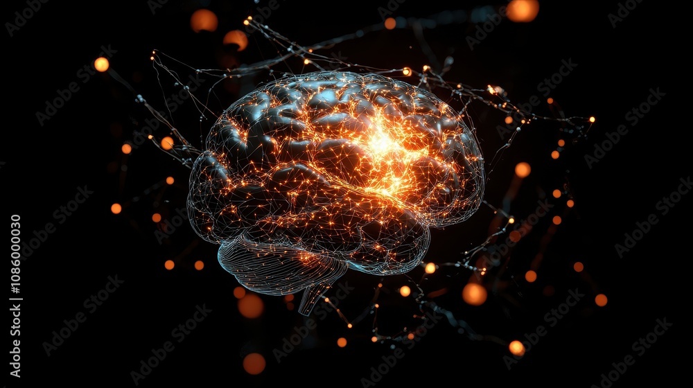 Poster futuristic digital brain concept with illuminating connections representing neural activity and arti