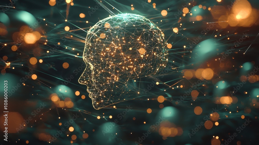 Poster abstract digital human head with glowing connections and sparks representing artificial intelligence