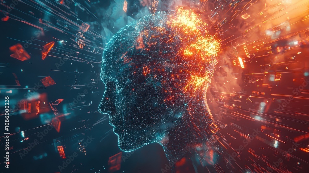 Poster futuristic digital portrait of a human head with explosive sparks representing artificial intelligen