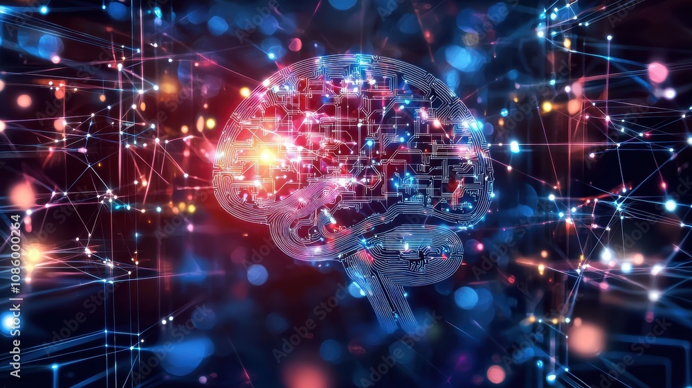 Poster abstract representation of a digital brain illuminated with vibrant lights, symbolizing technology, 