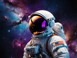 An astronaut floating in deep space, with Earth visible in the distance, surrounded by the vastness of space and stars, creating a sense of wonder