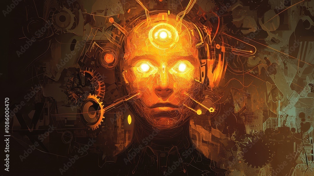 Poster futuristic concept of human-technology fusion with glowing eyes and abstract mechanical background r
