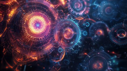 Obraz premium Abstract Digital Background with Colorful Circles and Radiating Light Accents Ideal for Technology, Science, and Futuristic Themes in Stock Photography