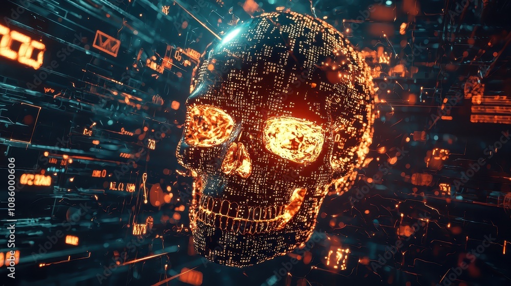 Poster abstract digital skull representation surrounded by glowing data streams and futuristic technology i