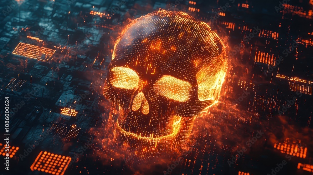 Poster glowing digital skull surrounded by abstract binary data patterns in a futuristic tech environment, 
