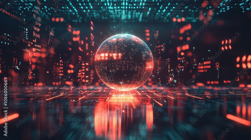 Poster futuristic abstract digital sphere surrounded by glowing data structures and neon lights in a techno