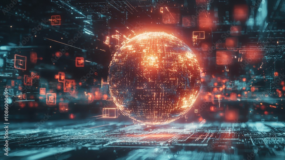 Poster futuristic digital globe surrounded by data flows and glowing elements in a technology-inspired abst