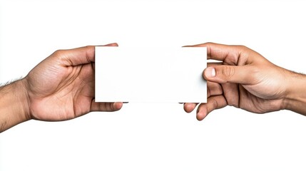 A photostock of two hands exchanging a blank business card on isolated on transparent PNG background, High Quality.