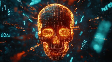 Futuristic Digital Skull Representation with Glowing Binary Code in a Dark Cybernetic Environment for Technology and Halloween Themes