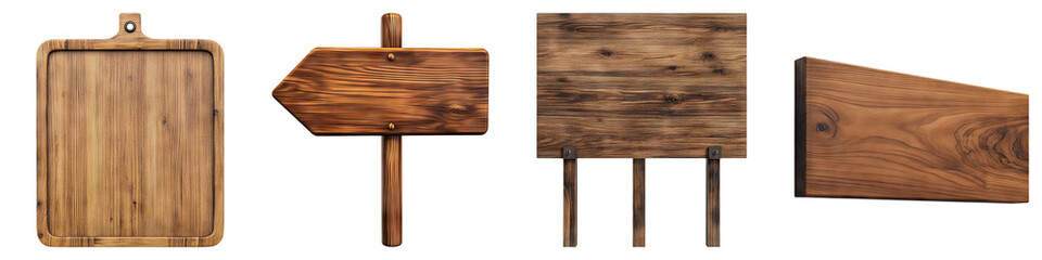 Empty wooden signboard isolated on transparent background, Set of