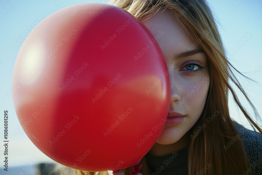 Poster a person covering their face with a red balloon, possibly trying to remain anonymous or hide from vi