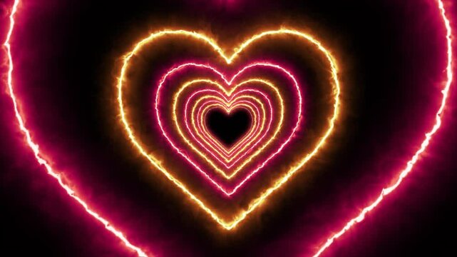 Valentine or wedding day love heart tunnel animation or overlay with burning fire effect in yellow and red, concepts, ideas, 4K, transparent background with alpha channel, seamless loopable element