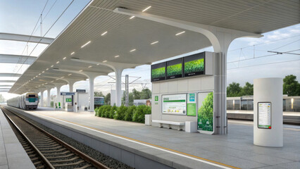 Naklejka premium Modern train station platform with digital displays and greenery